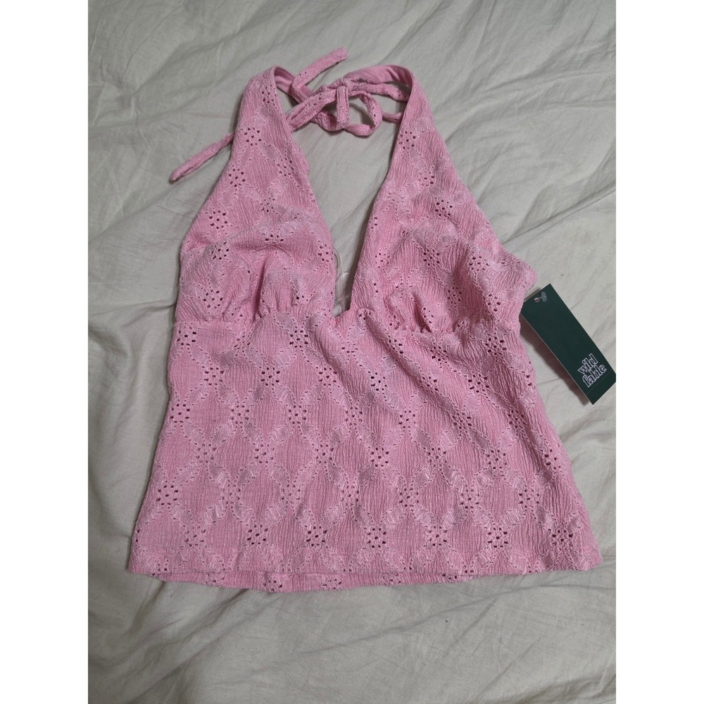 Wild Fable Pink Eyelet Halter Top XS Plunging V-Neck Textured Diamond Pattern